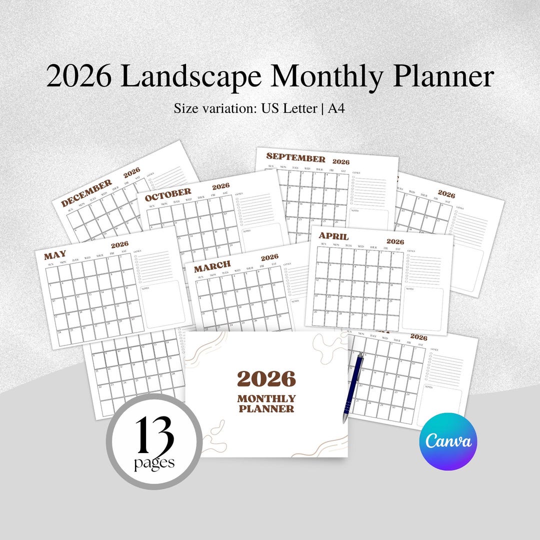 2026 Monthly Planner Landscape, Calendar Pad Canva Template, Printable