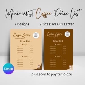 Coffee Shop Price List Canva Template, Minimalist Coffee Menu, DIY Price List, Scan to Pay Canva Template, Cafe and Restaurant Menu