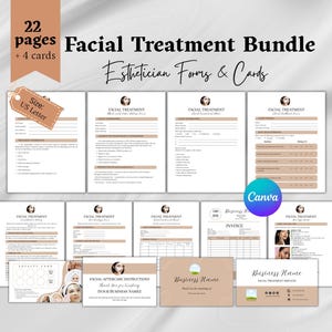 May include: A bundle of esthetician forms and cards, including 22 pages and 4 cards. The forms are for facial treatments, with a US Letter size. The bundle includes an invoice, loyalty card, and business cards.
