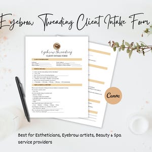 Puede incluir: Un formulario de admisión de clientes para servicios de depilación de cejas. El formulario incluye secciones para información del cliente, detalles del servicio e historial médico. El texto "Eyebrow Threading Client Intake Form" está en la parte superior.