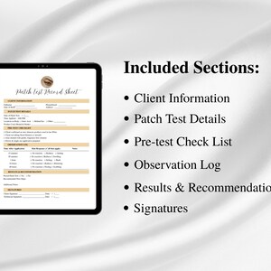 Peut inclure: Une tablette num&eacute;rique affichant une "Fiche de suivi de test cutan&eacute;" avec des sections pour les informations du client, les d&eacute;tails du test, la liste de contr&ocirc;le, le journal d'observation, les r&eacute;sultats et les signatures. Fond blanc textur&eacute;.