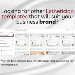 Peut inclure: Capture d'&eacute;cran d'une boutique Etsy pr&eacute;sentant des mod&egrave;les d'esth&eacute;ticienne. L'image pr&eacute;sente une interface de site Web avec diverses options de mod&egrave;les, notamment des formulaires pour la lamination des sourcils, les extensions de cils et les traitements &agrave; la cire. Le texte sur l'image se lit : "Looking for other Esthetician templates that will suit your business brand?"