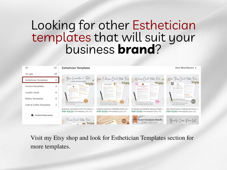 Peut inclure: Capture d'&eacute;cran d'une boutique Etsy pr&eacute;sentant des mod&egrave;les d'esth&eacute;ticienne. L'image pr&eacute;sente une interface de site Web avec diverses options de mod&egrave;les, notamment des formulaires pour la lamination des sourcils, les extensions de cils et les traitements &agrave; la cire. Le texte sur l'image se lit : "Looking for other Esthetician templates that will suit your business brand?"