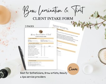 Formulaire d'admission client pour plastification et coloration des sourcils, modèle Canva modifiable, formulaire de consultation professionnelle pour esthéticiennes, formulaires de coloration des sourcils