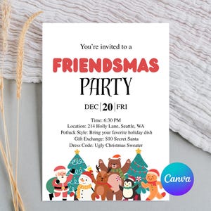 Friendsmas Party Invitation Canva Template, Christmas Editable Invitation, Christmas Party Invites, Friends Christmas Party Invitation