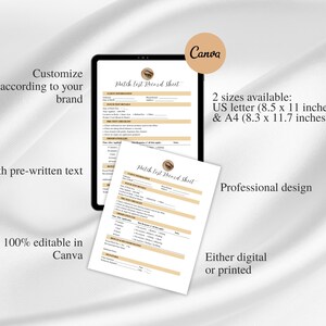 Peut inclure: Une "Fiche d'enregistrement de test de patch" num&eacute;rique ou imprimable affich&eacute;e sur une tablette et une feuille s&eacute;par&eacute;e. La conception est personnalisable et 100% modifiable dans Canva. Disponible en formats US letter (21,6 x 27,9 cm) et A4 (21,0 x 29,7 cm).