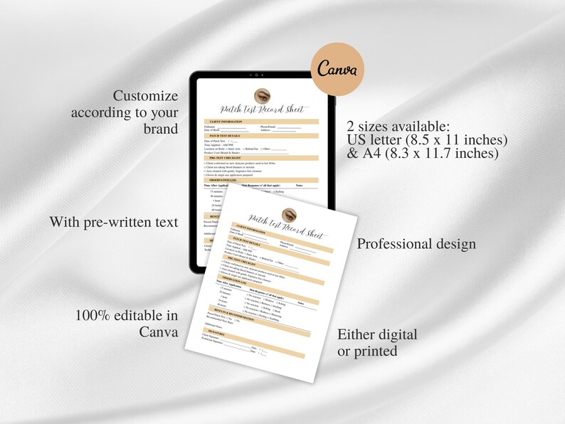 Peut inclure: Une "Fiche d'enregistrement de test de patch" num&eacute;rique ou imprimable affich&eacute;e sur une tablette et une feuille s&eacute;par&eacute;e. La conception est personnalisable et 100% modifiable dans Canva. Disponible en formats US letter (21,6 x 27,9 cm) et A4 (21,0 x 29,7 cm).
