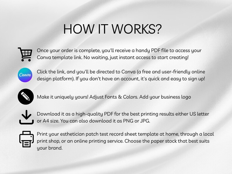 Peut inclure: Graphique avec le texte &laquo;&nbsp;COMMENT &Ccedil;A MARCHE&nbsp;?&nbsp;&raquo; et des instructions pour acc&eacute;der et personnaliser un mod&egrave;le Canva. Comprend des ic&ocirc;nes pour un panier, le logo Canva, un crayon, une fl&egrave;che de t&eacute;l&eacute;chargement et une imprimante.