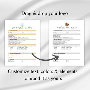 Peut inclure: Deux feuilles de test de patch blanches avec des champs de texte et un logo graphique. Les feuilles sont reli&eacute;es par une fl&egrave;che, avec le texte "Drag & drop your logo" en haut et "Customize text, colors & elements to brand it as yours" en bas.