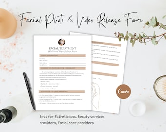 Formulaire d'autorisation de prise de contact avec une photo et une vidéo sur le soin du visage, Renonciation de consentement pour une photo et une vidéo modifiables, Formulaire d'esthéticienne, Formulaire de spa de beauté, Formulaire de consentement