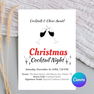 Christmas Cocktail Party Invitation Canva Template, Editable Christmas Cocktail Night Party Invitation, Holiday Christmas Party Invitation
