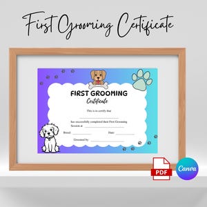 Dog First Grooming Certificate, Pet First Grooming Certificate, Puppy First Grooming Certificate Printable, Canva Template, Pet Salon