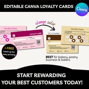 Cartão de fidelidade para padaria, modelo editável do Canva, cartão de recompensa com código QR, cartão de desconto, cartão de selo, cartão de fidelidade faça você mesmo, cartão de visita, doces