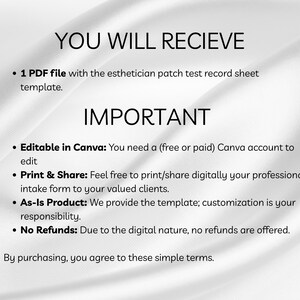 Peut inclure: Document num&eacute;rique sur fond blanc avec texte. Le texte comprend les mots &laquo;&nbsp;VOUS RECEVREZ&nbsp;&raquo; et &laquo;&nbsp;IMPORTANT&nbsp;&raquo;. Le document est un fichier PDF avec un mod&egrave;le de fiche de test cutan&eacute; pour esth&eacute;ticienne. Modifiable dans Canva.