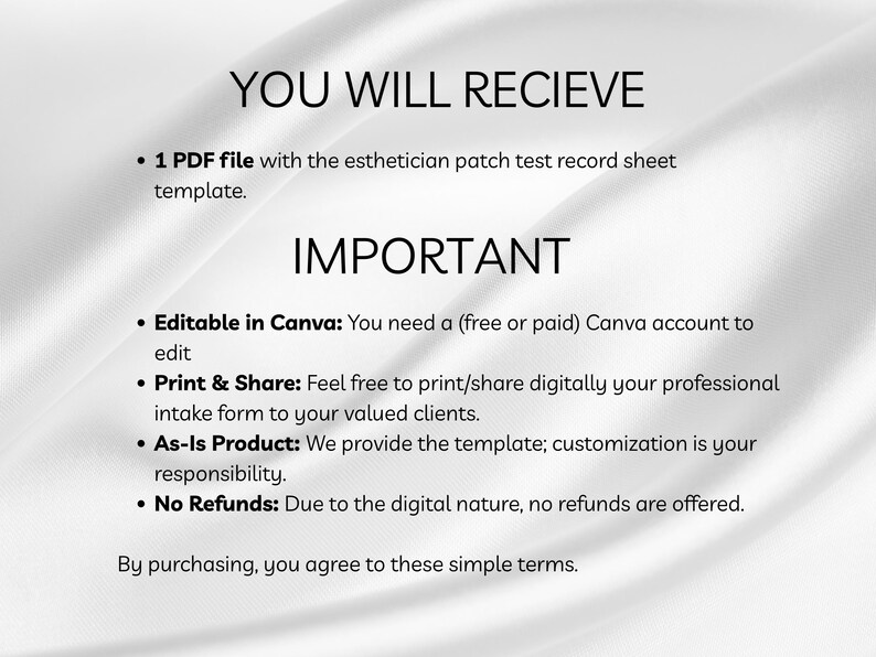 Peut inclure: Document num&eacute;rique sur fond blanc avec texte. Le texte comprend les mots &laquo;&nbsp;VOUS RECEVREZ&nbsp;&raquo; et &laquo;&nbsp;IMPORTANT&nbsp;&raquo;. Le document est un fichier PDF avec un mod&egrave;le de fiche de test cutan&eacute; pour esth&eacute;ticienne. Modifiable dans Canva.