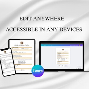 Peut inclure: Un smartphone, une tablette et un ordinateur portable affichent un document avec une palette de couleurs beige et blanche. Le texte "EDIT ANYWHERE ACCESSIBLE IN ANY DEVICES" est affich&eacute; au-dessus des appareils. Un logo Canva est dans le coin inf&eacute;rieur droit.