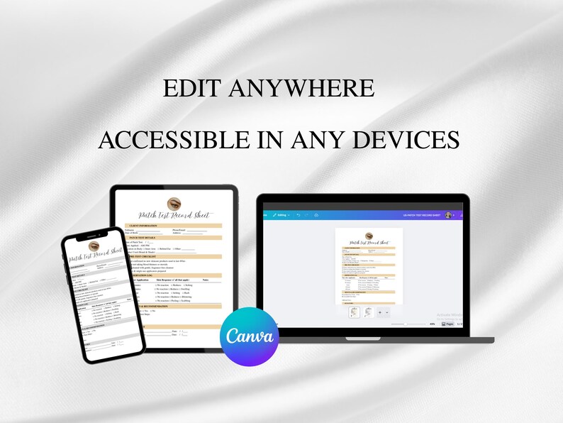 Peut inclure: Un smartphone, une tablette et un ordinateur portable affichent un document avec une palette de couleurs beige et blanche. Le texte "EDIT ANYWHERE ACCESSIBLE IN ANY DEVICES" est affich&eacute; au-dessus des appareils. Un logo Canva est dans le coin inf&eacute;rieur droit.
