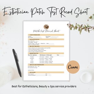 Puede incluir: Una hoja de registro de prueba de parche de esteticista blanca con un borde beige, con secciones para la información del cliente, los detalles de la prueba de parche y los registros de observación. La hoja incluye el texto "Canva" y "Best for Estheticians, Beauty & Spa service providers."