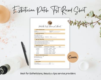 パッチテストフォーム、エステティシャンパッチテスト免除、美容パッチテスト記録シート、編集可能な皮膚テストフォームCanvaテンプレート、デジタルダウンロード