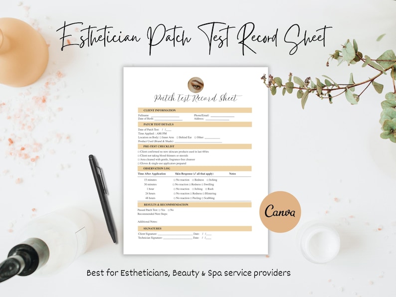 Peut inclure: Une feuille de test de patch d'esth&eacute;ticienne blanche avec une bordure beige, comprenant des sections pour les informations du client, les d&eacute;tails du test de patch et les journaux d'observation. La feuille comprend le texte "Canva" et "Best for Estheticians, Beauty & Spa service providers."