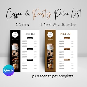 Modelo de lista de preços de cardápio editável para cafeteria Canva, modelo de escaneamento para pagamento, lista de preços de confeitaria, lista de preços faça você mesmo, modelo de cardápio de comida, cardápio de cafeteria
