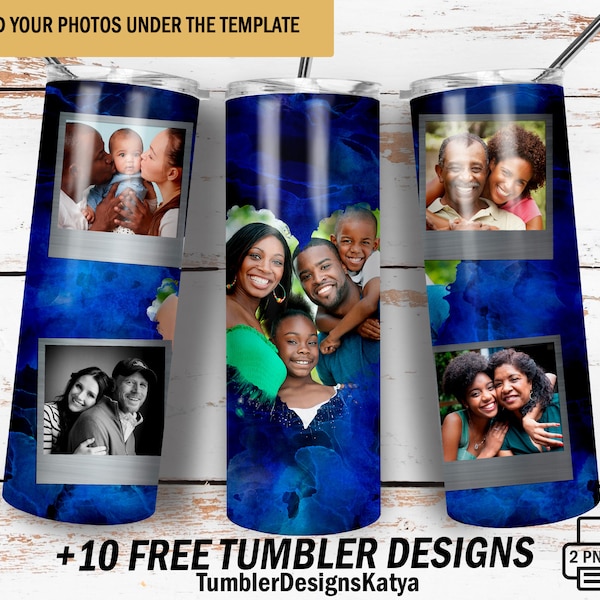 Royal blue tumbler wrap with 5 photo frames Photo tumbler seamless png for sublimation design 20 Oz skinny tumbler Picture tumbler design