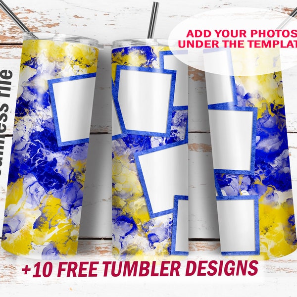 6 Photo skinny tumbler wrap seamless Picture Png file for sublimation design download Blue and yellow background 20 oz skinny cup design