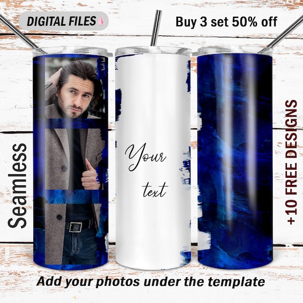 Photo tumbler wrap template for 3 photos Blue and white Png file for sublimation designs 3 Picture tumbler for men designs downloads