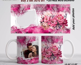 May include: Two white mugs with pink floral designs and a watercolor effect. One mug has a photo of a couple in the design. The text "Buy 3 set 50% off +10 FREE MUG DESIGNS" is at the top of the image. The text "15 OZ 11 OZ" is at the bottom of the image. The text "Add your photos" is on the right side of the image.
