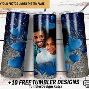 Valentinstag Becher PNG-Datei für Sublimationsdesigns Blauer Glitzer mit Herzen Liebe Becher wickeln mit 1 Fotorahmen Bild Becher Vorlage