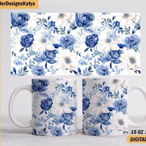 Blue flowers mug wrap png file for sublimation design Mom mug template with floral Mug design for 15 oz and 11 oz mugs Coffee cup wrap