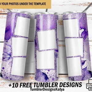Photo tumbler template with 8 frames Purple 20 Oz tumbler for mom seamless Image tumbler wrap with glitter Png file for sublimation designs