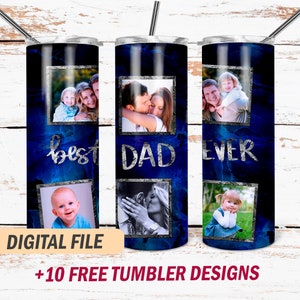 Sublimation photo tumbler template for dad set Best dad ever tumbler wraps Family picture tumbler png Dark blue background