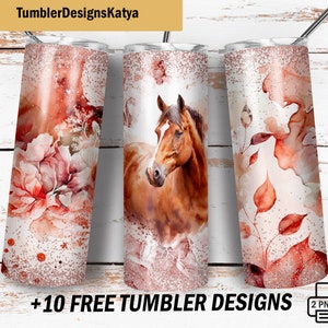 Diseños de vasos para sublimación con motivos de caballos, envoltura de vaso para el Día de la Madre con flores, vaso delgado de 20 oz en formato PNG, diseños de sublimación, regalos para amantes de los caballos