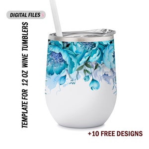 Blue 12 Oz wine tumbler template Flowers wine tumbler wrap Png file for sublimation design downloads Seamless background for wine cups