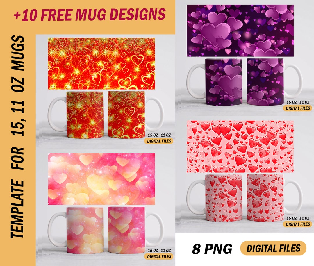 Valentines Day Mug Wrap Bundle Digital Downloads Hearts Mug Png File ...