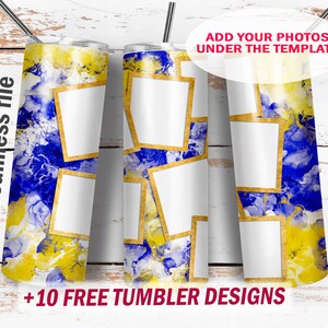 May include: A sublimation design for a tumbler featuring a blue and yellow marble pattern with gold accents. The design includes multiple rectangular frames for adding photos. The text "Add your photos under the template" is included in the image.