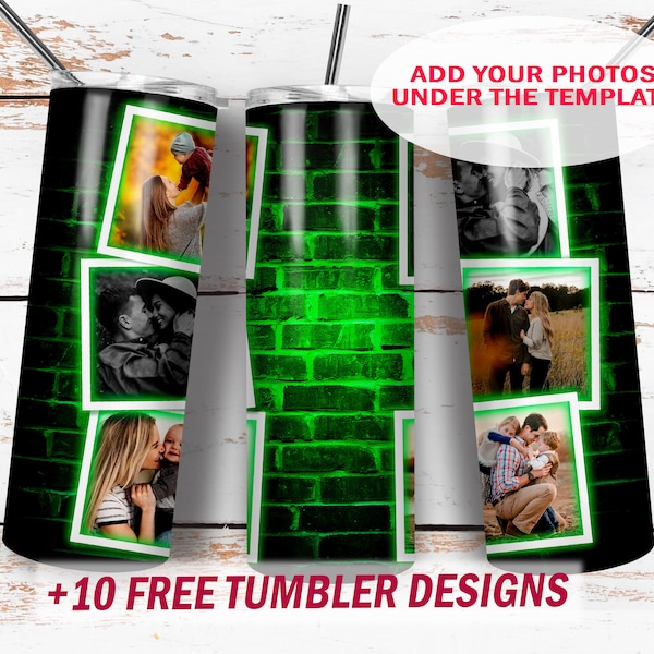 Photo tumbler design with 6 frames Png file for sublimation design Green neon background 20 oz skinny tumbler wrap Photo template skinny cup