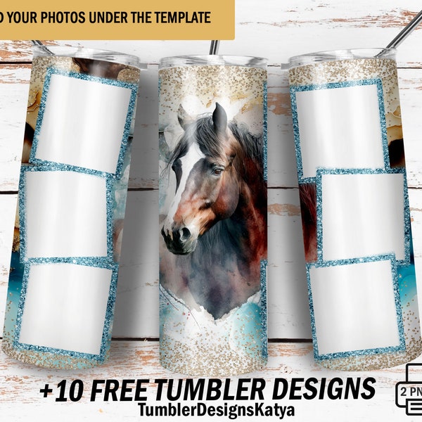 Horse tumbler wrap with 6 photo frames Family 20oz tumbler template for 6 pictures seamless Blue Png file for sublimation designs downloads