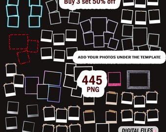 Può includere: Un set di 445 cornici per foto in bianco e nero di diverse dimensioni e forme. Le cornici sono disposte in uno stile collage con il testo "Buy 3 set 50% off" e "ADD YOUR PHOTOS UNDER THE TEMPLATE" nella parte superiore. Il testo "445 PNG" è al centro dell'immagine. Il testo "DIGITAL FILES" è nella parte inferiore dell'immagine.