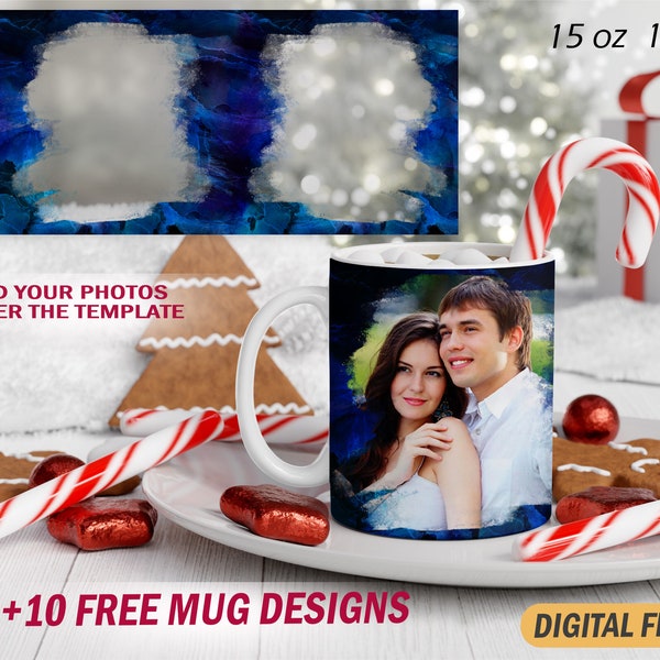 2 Picture mug sublimation design Blue template with 2 photo frames 15 oz and 11 oz mug wrap Men mug wrap Frame photo mug instant downloads