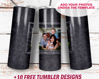 Photo picture tumbler wrap with 1 wood frame Png file for sublimation designs 20 Oz skinny tumbler wrap Men tumbler design