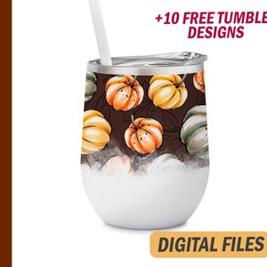 Pumpkin wine tumbler wrap, Fall tumbler png file for sublimation designs, 12 Oz wine tumblers template, Brown wine tumbler with pumpkins