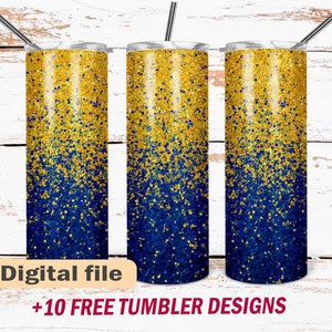 May include: Three stainless steel tumblers with a gold and blue glitter ombre design. The tumblers are 20 ounces and have a straw.