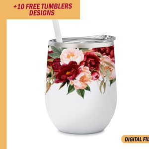 12 Oz wine tumblers template Flowers wine tumbler wrap Wedding wine tumbler wrap with floral Png file for sublimation design downloads