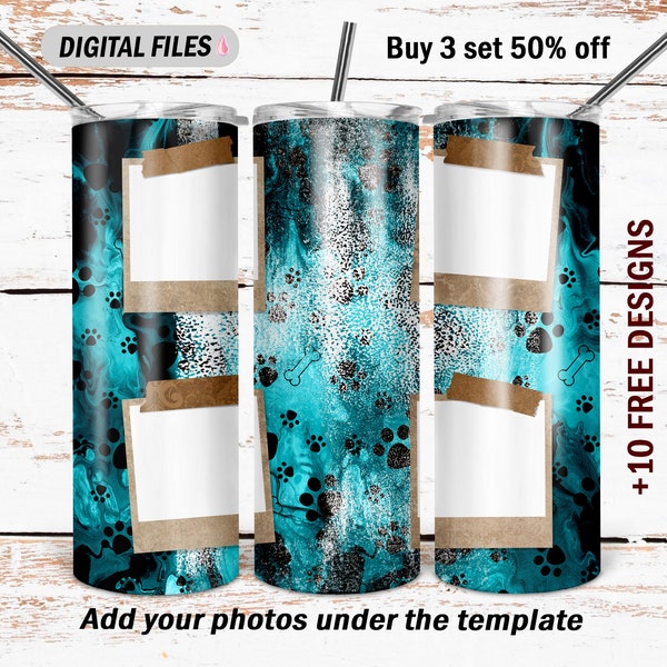 Photo template tumbler with 4 photo frames Seamless png file for sublimation designs 20 Oz skinny tumbler wrap Blue tumbler png with paws