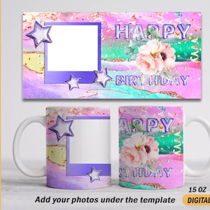 Fotorahmen Becher Verpackung Happy Birthday Becher png Dateien für Sublimationsdesign Rosa Kaffeebecher Vorlage mit Bild Becher 15 oz und 11 oz png Dateien