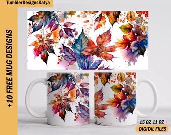 Autumn mug wrap png file for sublimation design Fall mug template Colorful mug design for 15 oz 11 oz mugs Orange cup wrap digital downloads