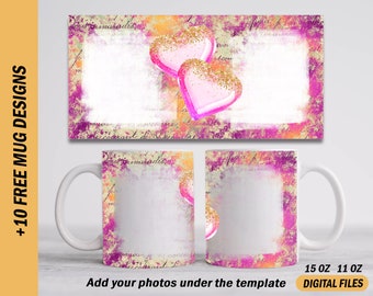 Sublimation mug png with 2 frames Hearts coffee mug template with pictures Valentine's Day 2 photo mug wrap Mug 15 oz and 11 oz png files