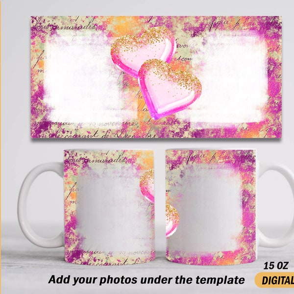 Sublimation mug png with 2 frames Hearts coffee mug template with pictures Valentine's Day 2 photo mug wrap Mug 15 oz and 11 oz png files